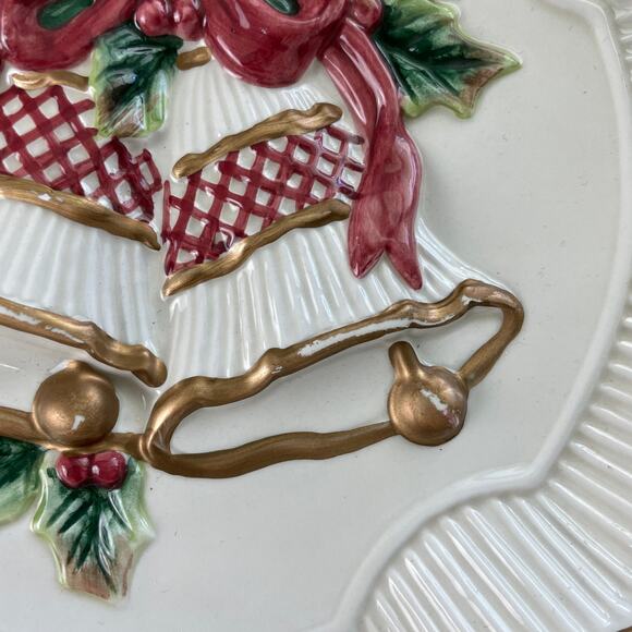 Fitz and Floyd Holiday Bells Canape Snack Cookie Plate Christmas 8 3/4" Gold Red - Picture 5 of 11
